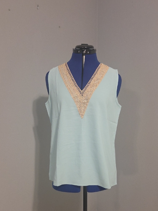 No Label Tops - Sleeveless V-Neck Crochet Trim Top - Light Blue